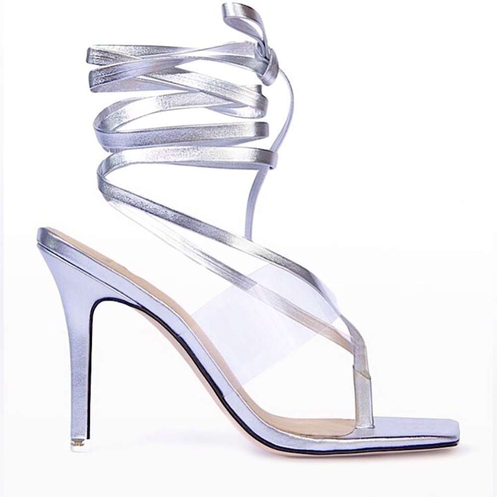 Black Suede Studio Melanie clear silver thong strap sandals ties heels size 38.5